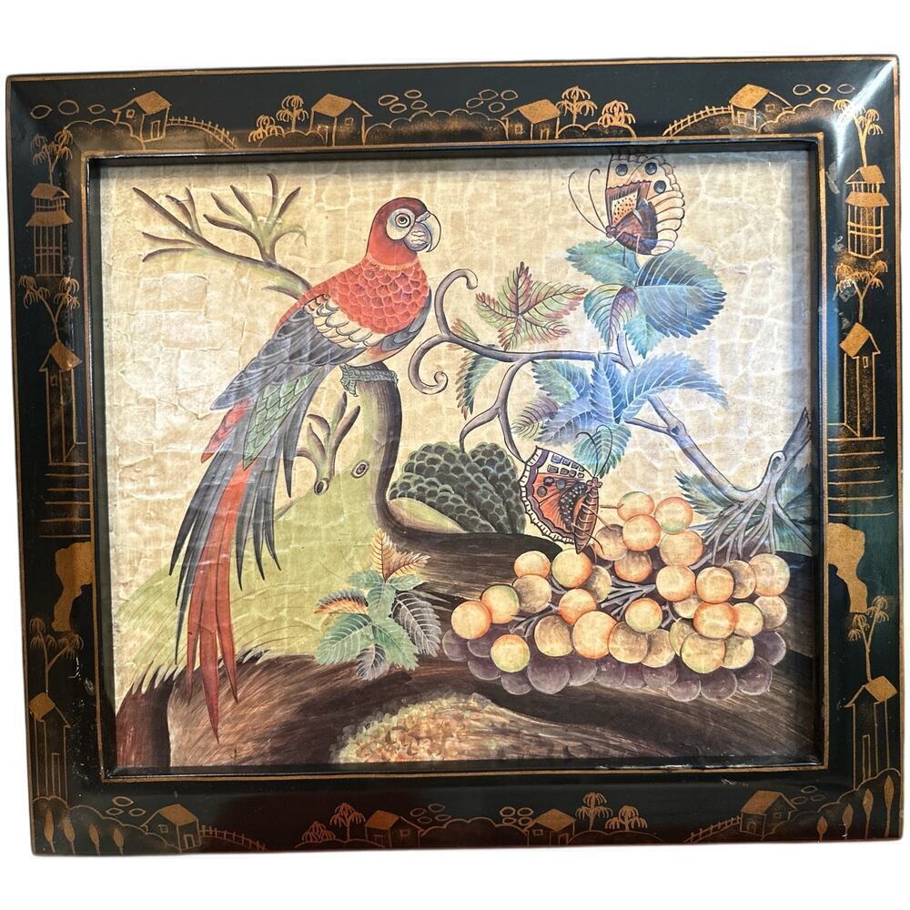 Vintage Asian Art Lacquered Panel Hand-Painted Scene Parrot Butterflies & Grapes
